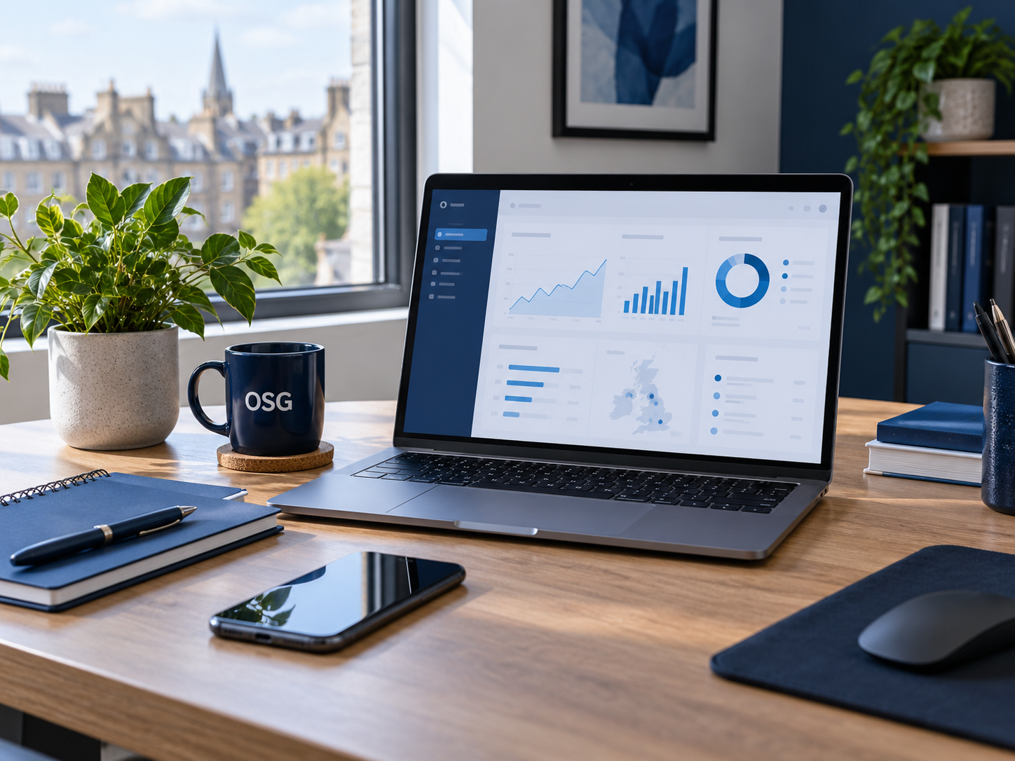 Organised small-business desk with laptop, notebook, phone, plant and OSG mug